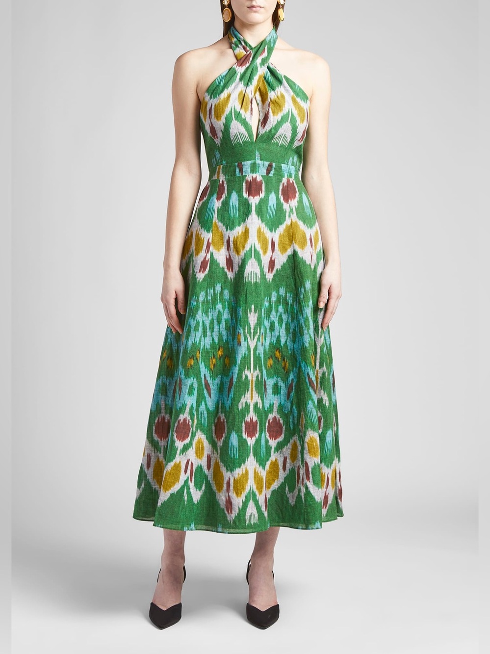 ERDEM Selene Green Printed Ikat Halter Maxi Dress size 6